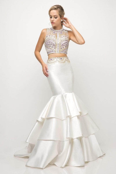 Mermaid Open-Back Tiered Beaded Glittering Sleeveless Jeweled Neck Evening Dress with a Brush/Sweep Train