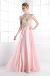 A-line Jeweled Neck Fall Illusion Floor Length Dress with a Brush/Sweep Train