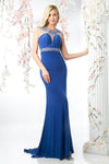 Sheer Fitted Illusion Embroidered Open-Back Sheath Cap Sleeves Floor Length Bateau Neck Sheath Dress with a Brush/Sweep Train