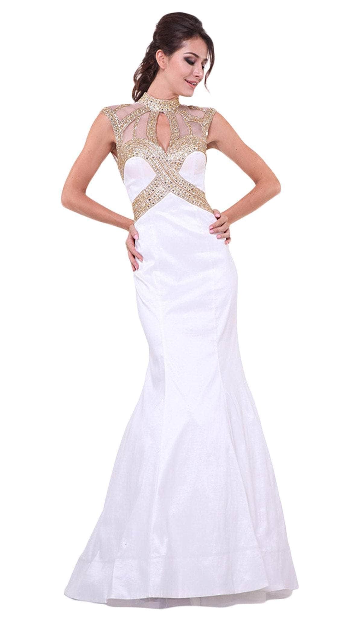 Ladivine 8760 - Adorned Sheer High Neck Fitted Evening Gown
