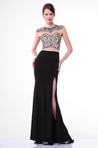 Jeweled Neck Cap Sleeves Floor Length Sheer Slit Illusion Back Zipper Jeweled Beaded Sheath Natural Waistline Sheath Dress with a Brush/Sweep Train