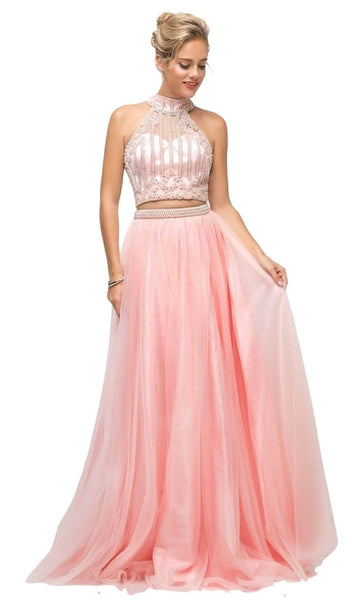 A-line Halter Tulle Cap Sleeves Sheer Back Illusion Beaded Applique Evening Dress with a Brush/Sweep Train