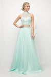 A-line Cap Sleeves Sheer Back Illusion Beaded Applique Halter Tulle Evening Dress with a Brush/Sweep Train