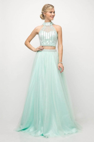 A-line Halter Tulle Beaded Applique Illusion Sheer Back Cap Sleeves Evening Dress with a Brush/Sweep Train