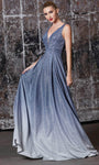 Tall A-line V-neck Floor Length Plunging Neck Open-Back Glittering V Back Pleated Back Zipper Natural Waistline Metallic Sleeveless Evening Dress with a Brush/Sweep Train