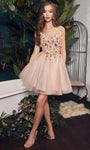 Tall Sophisticated A-line V-neck Natural Waistline Floral Print Glittering Applique Fitted Cocktail Short Party Dress