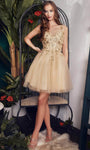 Tall Sophisticated A-line V-neck Glittering Applique Fitted Cocktail Short Floral Print Natural Waistline Party Dress