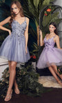 Tall Sophisticated A-line V-neck Cocktail Short Natural Waistline Floral Print Glittering Applique Fitted Party Dress