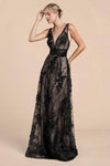 A-line V-neck Plunging Neck Fitted Crystal Sheer Back Zipper Beaded Illusion Applique Tiered Lace Natural Waistline Evening Dress