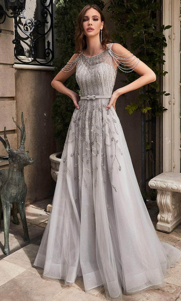 A-line Jeweled Neck Tulle Natural Waistline Floor Length Glittering Beaded Belted Goddess General Print Dress with a Brush/Sweep Train With a Bow(s)