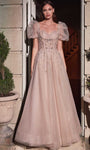 A-line Tulle Puff Sleeves Sleeves Sequined Lace-Up Sheer Beaded Sweetheart Corset Natural Waistline Ball Gown Dress