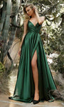 Sophisticated A-line V-neck Satin Natural Waistline Spaghetti Strap Plunging Neck Back Zipper Wrap Flowy Slit Open-Back Draped Dress with a Brush/Sweep Train