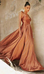 A-line V-neck Wrap Slit Open-Back Flowy Satin Plunging Neck Spaghetti Strap Dress with a Brush/Sweep Train by Ladivine