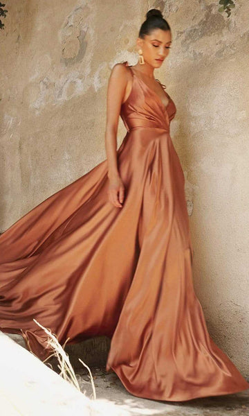 Sophisticated A-line V-neck Wrap Flowy Open-Back Slit Back Zipper Draped Satin Spaghetti Strap Plunging Neck Natural Waistline Dress with a Brush/Sweep Train