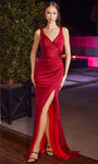 V-neck Natural Waistline Sleeveless Glittering Slit Faux Wrap Ruched Draped Open-Back Mermaid Prom Dress with a Brush/Sweep Train