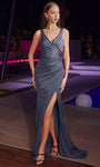 V-neck Sleeveless Natural Waistline Open-Back Glittering Ruched Draped Faux Wrap Slit Mermaid Prom Dress with a Brush/Sweep Train