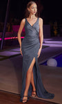 V-neck Draped Open-Back Faux Wrap Glittering Ruched Slit Mermaid Sleeveless Natural Waistline Prom Dress with a Brush/Sweep Train