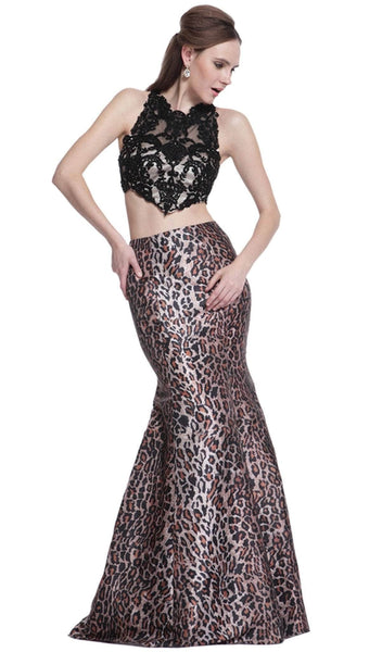 Jeweled Neck Lace Mermaid Animal Leopard Print Floor Length Evening Dress