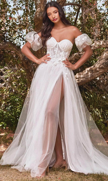 Strapless Tulle Glittering Lace-Up Sheer Hidden Back Zipper Applique Slit Puff Sleeves Short Sleeves Sleeves Corset Natural Waistline Sweetheart Floral Print Wedding Dress with a Brush/Sweep Train
