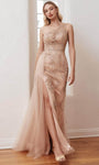 Sleeveless Sheath Tulle Natural Waistline Goddess Illusion Sheer Back Beaded Asymmetric Slit Sheer Sheath Dress/Evening Dress with a Brush/Sweep Train With a Sash