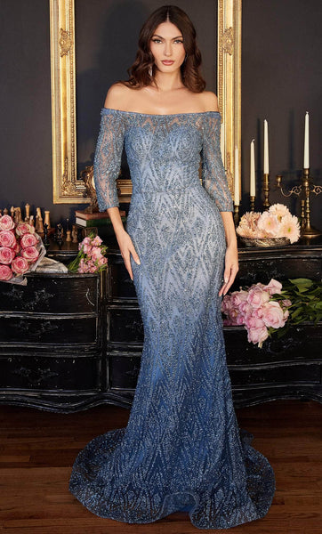 Mermaid Floor Length Natural Waistline Straight Neck 3/4 Sleeves Off the Shoulder Sequined Back Zipper Fitted Evening Dress with a Brush/Sweep Train