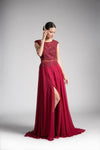 A-line Bateau Neck Slit Fitted Beaded Illusion Floor Length Dress with a Brush/Sweep Train