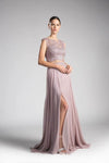 A-line Floor Length Beaded Illusion Slit Fitted Bateau Neck Dress with a Brush/Sweep Train