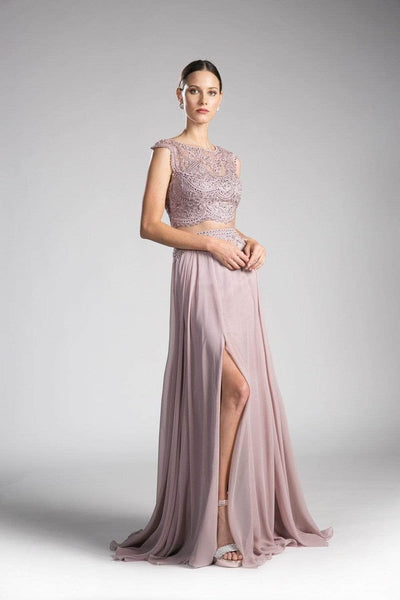 A-line Bateau Neck Illusion Beaded Slit Fitted Floor Length Dress with a Brush/Sweep Train