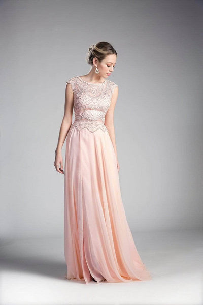 A-line Floor Length Fitted Beaded Slit Illusion Bateau Neck Dress with a Brush/Sweep Train