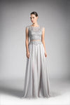 A-line Slit Illusion Fitted Beaded Bateau Neck Floor Length Dress with a Brush/Sweep Train