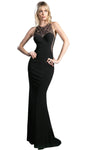 Sheath Beaded Sheer Back Fitted Illusion Jeweled Neck Flutter Sleeves Sleeveless Floor Length Sheath Dress/Evening Dress