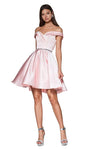 A-line Sweetheart Cocktail Above the Knee Natural Princess Seams Waistline Fitted Crystal V Back Belted Flowy Back Zipper Beaded Off the Shoulder Fit-and-Flare Satin Dress