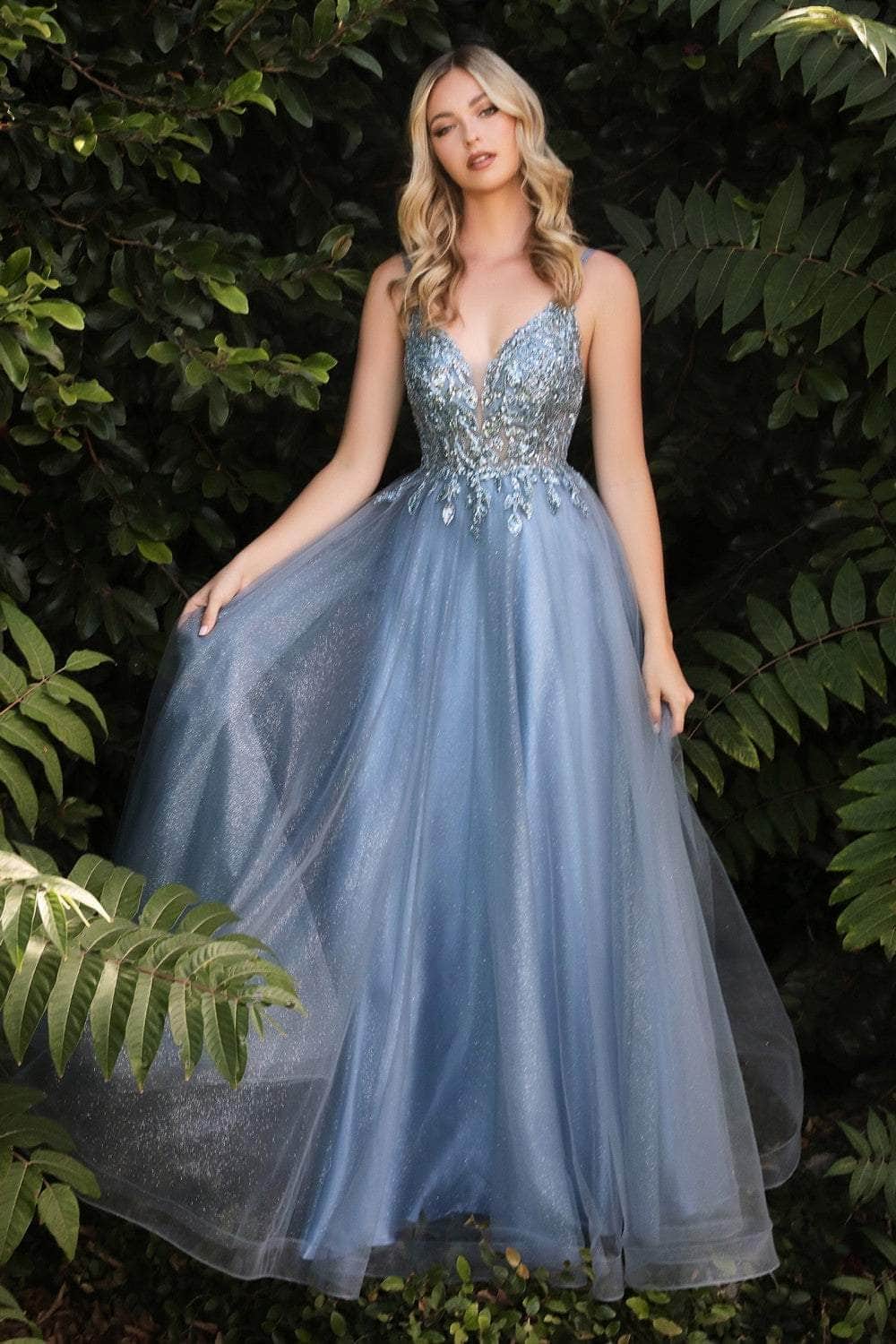 Ladivine CD0154 - Plunging Beaded A-Line Junior Prom Gown
