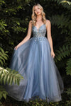 A-line Natural Waistline Tulle Plunging Neck Sweetheart Flutter Sleeves Spaghetti Strap Applique Illusion Beaded Tiered Open-Back Fitted Floor Length Prom Dress