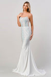 Sexy Beaded Sequined Open-Back Natural Waistline Lace Sheath Straight Neck Sleeveless Spaghetti Strap Sheath Dress with a Court Train With Rhinestones