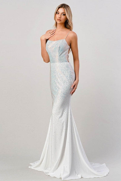 Sexy Straight Neck Natural Waistline Sheath Open-Back Beaded Sequined Lace Sleeveless Spaghetti Strap Sheath Dress with a Court Train With Rhinestones
