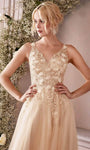 A-line V-neck Natural Waistline Open-Back Embroidered Applique Back Zipper Beaded Floral Print Floor Length Prom Dress