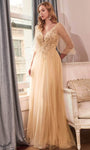 Sophisticated A-line V-neck Plunging Neck Bishop Sleeves Natural Waistline Illusion Draped Beaded Open-Back Sheer Applique Evening Dress with a Brush/Sweep Train