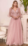 Sophisticated A-line V-neck Plunging Neck Applique Beaded Draped Open-Back Illusion Sheer Natural Waistline Bishop Sleeves Evening Dress with a Brush/Sweep Train