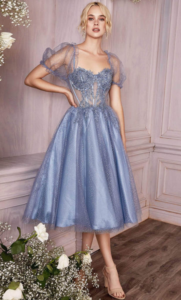 A-line Cocktail Tea Length Tiered Applique Sheer Puff Sleeves Sleeves Sweetheart Corset Natural Waistline Dress With Rhinestones