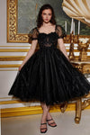 A-line Cocktail Tea Length Sweetheart Puff Sleeves Sleeves Corset Natural Waistline Tiered Sheer Applique Dress With Rhinestones