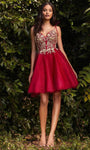 A-line Plunging Neck Sweetheart Floral Print Beaded Glittering Sheer Applique Corset Natural Waistline Sleeveless Cocktail Above the Knee Homecoming Dress/Prom Dress