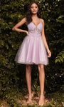 Tall A-line V-neck Spaghetti Strap Gathered Open-Back Glittering Sheer Beaded Applique Illusion Natural Waistline Cocktail Short Floral Print Prom Dress