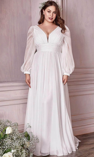 A-line V-neck Ruched Sheer Shirred Chiffon Floor Length Bishop Sleeves Natural Waistline Wedding Dress