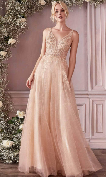 A-line V-neck Floor Length Open-Back Illusion Jeweled Beaded Applique Sequined Sleeveless Floral Print Natural Waistline Dress