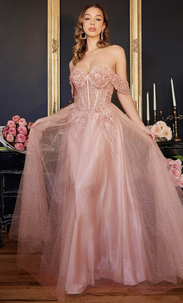 Sophisticated A-line Floral Print Sheer Illusion Applique Beaded Tiered Gathered Basque Corset Waistline Off the Shoulder Prom Dress with a Brush/Sweep Train