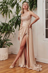 Empire Waistline Draped Slit Ruched Pleated Scoop Neck Sheath Spaghetti Strap Sheath Dress/Prom Dress with a Brush/Sweep Train With Rhinestones and a Sash