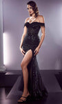 Mermaid Off the Shoulder Draped Glittering Mesh Slit Sequined Corset Natural Waistline Prom Dress with a Brush/Sweep Train