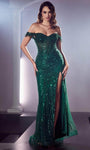 Sequined Slit Glittering Draped Mesh Off the Shoulder Mermaid Corset Natural Waistline Prom Dress with a Brush/Sweep Train