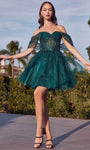 Sophisticated A-line Tulle Flutter Sleeves Off the Shoulder Basque Corset Waistline Draped Tiered Glittering Short Dress